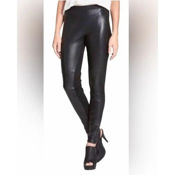 Eileen Fisher Ponte Black Leather Front Panel Legging Pants Size Large Stretch - Picture 1 of 9